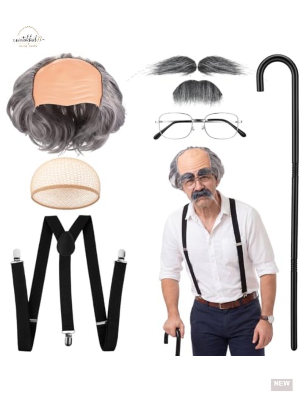 Old Man Costume Set 6 Pcs Wig Suspenders Cane Accessories